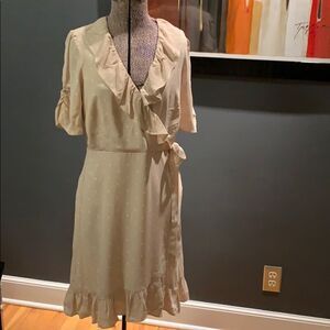 sanctuary tan/white dot ruffle faux wrap midi, new